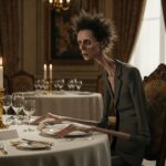 Un uomo magrissimo siede ad una tavola imbandita